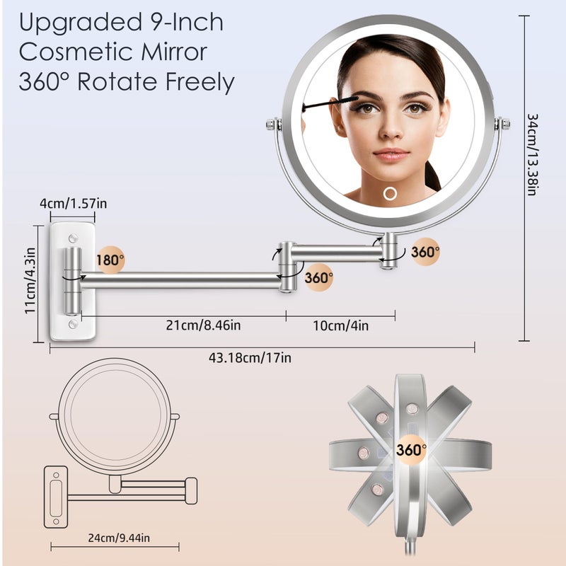 VESAUR 9"" 4000mAh Rechargeable Wall Mounted Lighted Makeup Mirror Nickel  1X/10X HD Undistorted Magnifying Mirror with 3 Color Lights Dimmable  360 Swivel Seamless Shaving Vanity Mirror 17"" Extendable Arm - Image 5